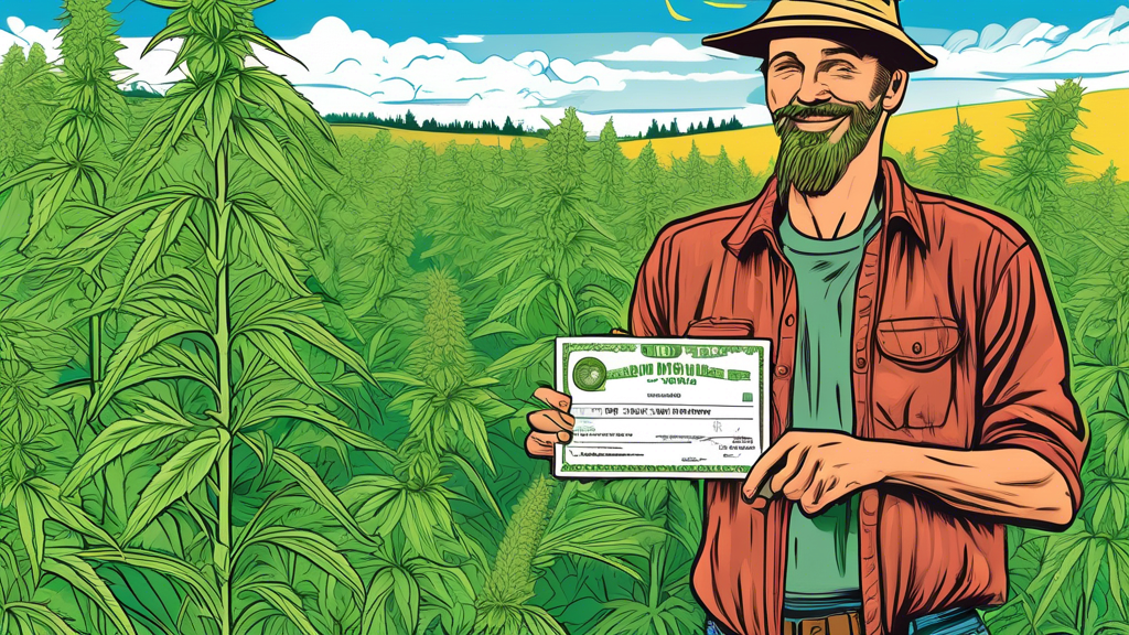 Create an image depicting a lush Oregon hemp farm with a clear summer sky. In the foreground, show a farmer proudly displaying a newly issued vendor license, complete with an official-looking seal dat