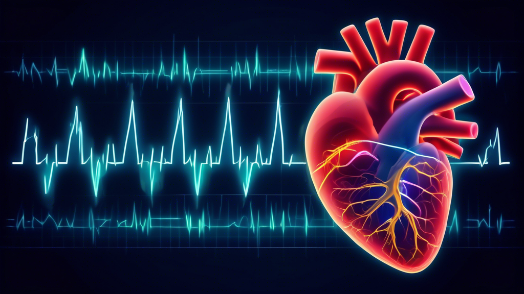 Create a medical illustration featuring a detailed human heart with an electrocardiogram (ECG) wave. Show a marijuana leaf subtly overlayed on the image. Emphasize the section labeled 'QT interval' on