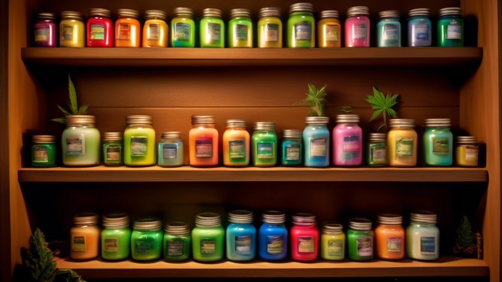 Create an image of a shelf lined with 'Marijuana-Scented Yankee Candles' in various colorful jars, blending elements of cozy candle lit ambiance and subtle marijuana imagery. The scene should be homey