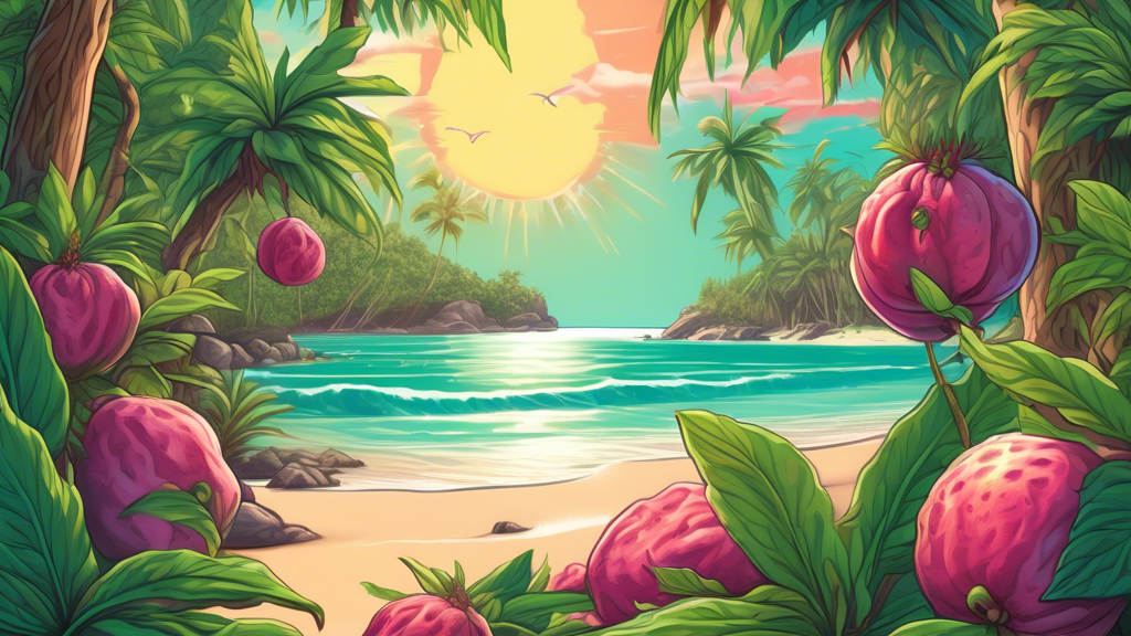 Create a vibrant and detailed digital illustration featuring a lush, tropical landscape showcasing Guava Runtz cannabis plants. The plants should have bright green, healthy leaves and budding flowers 