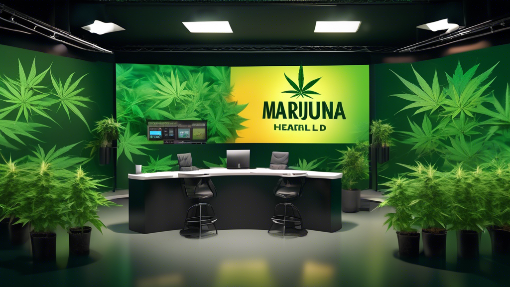 Create a vibrant, visually engaging image of a news-studio-style setting with a large digital screen displaying 'Marijuana Herald' as the headline. The background should feature various elements relat