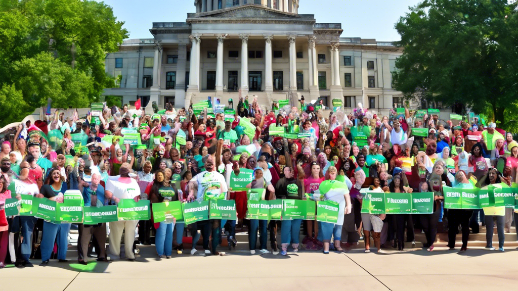 Create an image of a diverse group of people in Arkansas holding up signs and banners in support of medical cannabis, standing in front of the Arkansas State Capitol. They are cheerful and determined,