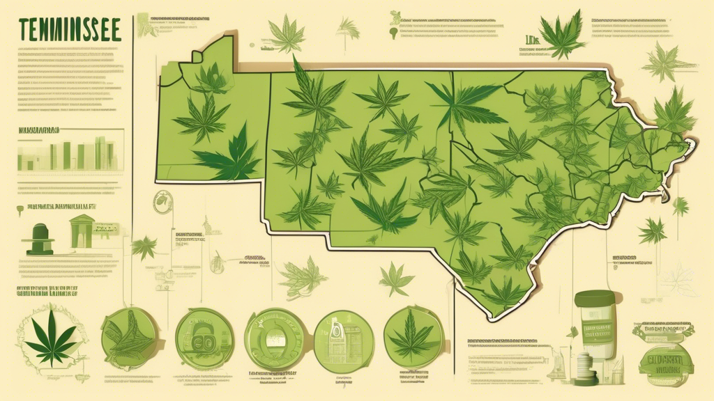 Create an informative infographic-style image that includes a detailed map of Tennessee with highlighted areas, symbols representing marijuana laws, such as legal/illegal signs, law books, and cannabi