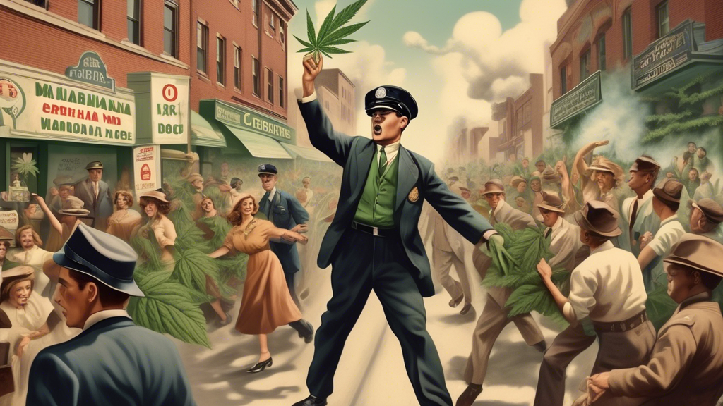 Create an image that depicts the turbulence and transformation surrounding marijuana in the 1930s. The scene should include a vintage street with a blend of contrasting elements: people protesting and