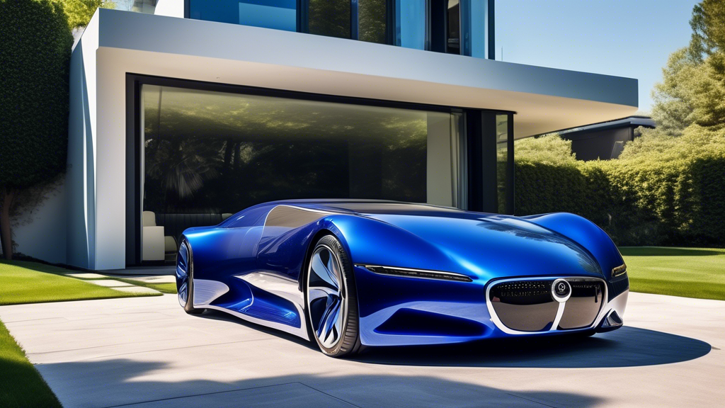 A sleek, cobalt blue torpedo-shaped luxury car, named Micallef Blue Torpedo, parked beside a modern, minimalist mansion. The car features futuristic design elements with smooth, aerodynamic lines, gli