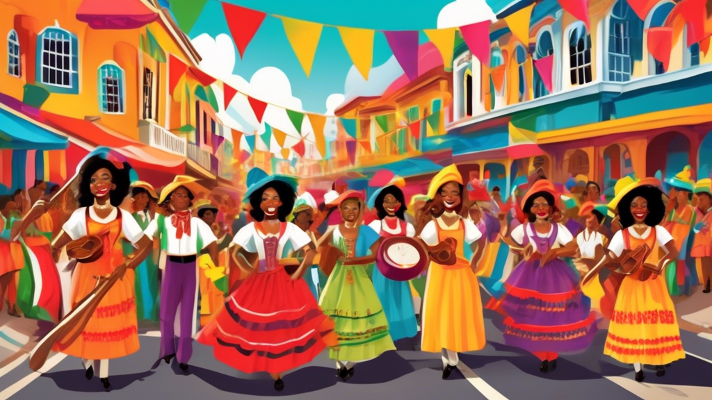 Create an image depicting the Premier Pack of Trinidad Cabildos, showing vibrant traditional costumes, musical instruments, and festive decorations set against a lively street parade in Trinidad. Incl