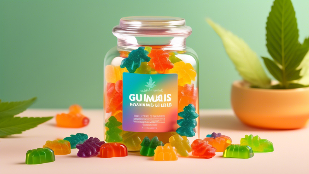 Create an image featuring colorful, variously shaped marijuana gummies in an illustrated candy jar, with vibrant labels showing cannabis leaves. Surround the jar with soft glows and gentle, warm tones