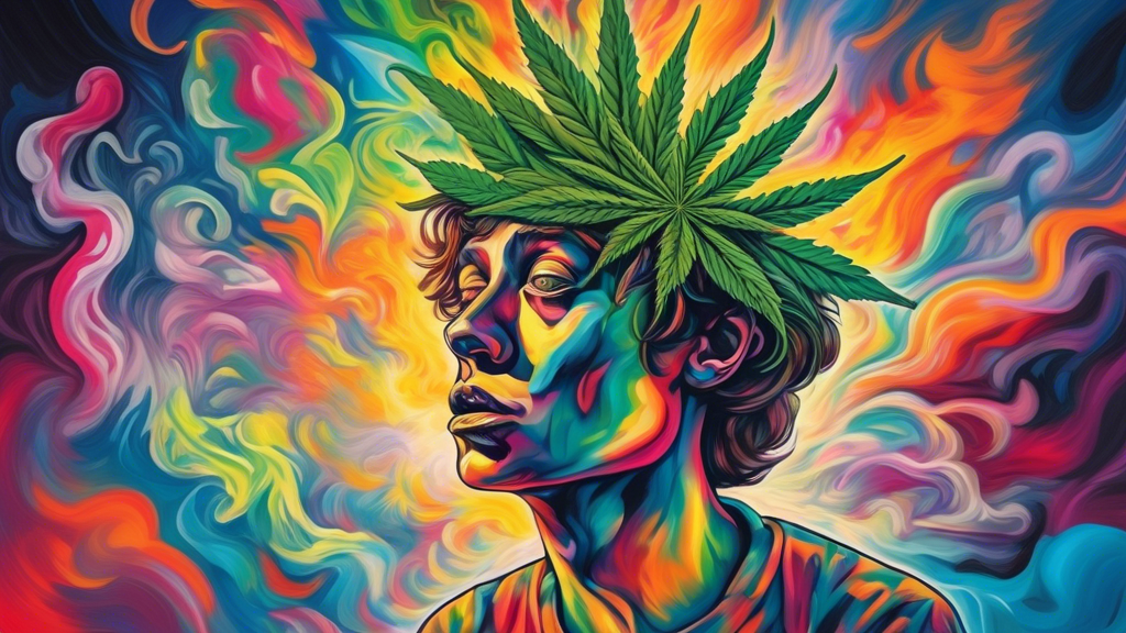 Prompt: Create a detailed and evocative image of a person experiencing marijuana-induced psychosis. The background should be a mix of vivid, chaotic colors representing a distorted reality. The person