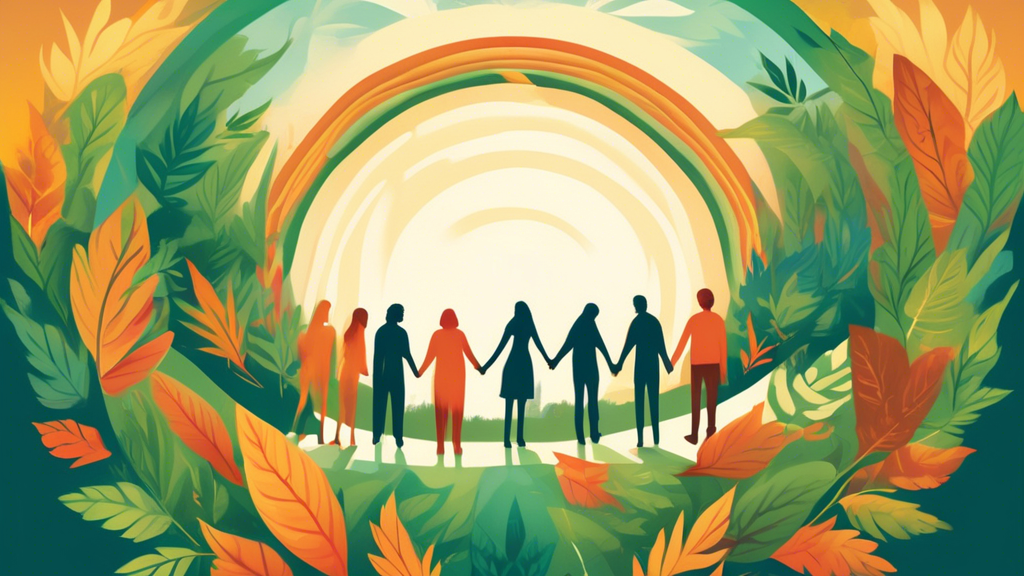 Create an image depicting a serene outdoor scene with a diverse group of individuals standing in a circle, holding hands, and supporting each other under the guidance of a symbolic 12-step pathway lea