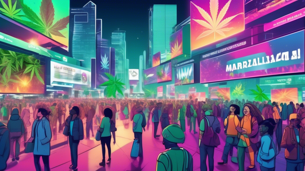 A futuristic scene showing a vibrant and bustling urban landscape with prominent government buildings and flags featuring marijuana leaves. In the background, digital billboards highlight news headlin