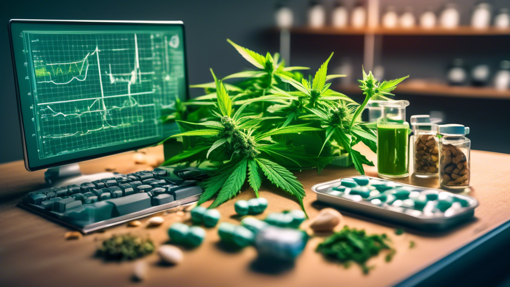 Create an image of a cannabis plant beside zinc-rich foods such as spinach, nuts, and beans on a laboratory table with scientific equipment in the background. The setting should have a scientific feel