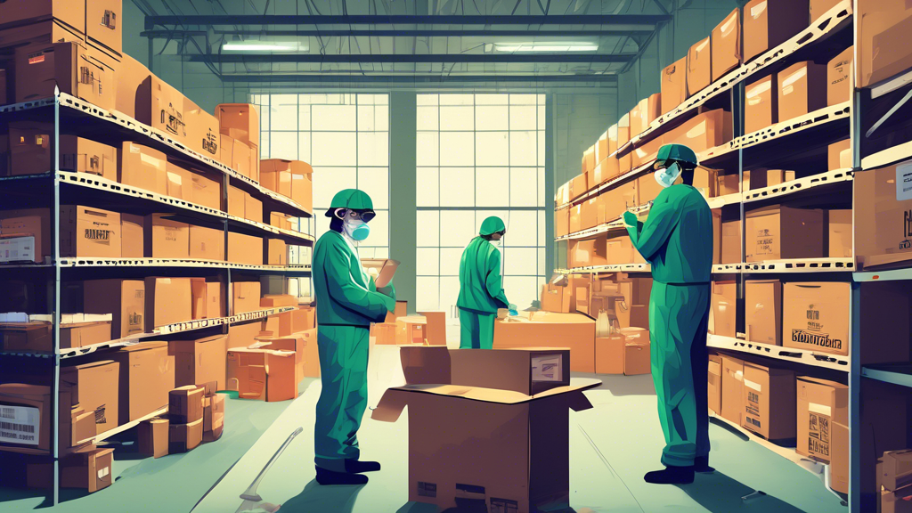 Create an image that depicts a warehouse scene with boxes labeled Sky High in a restricted area marked with quarantine signs. Include New York cannabis authorities in uniforms inspecting the products 