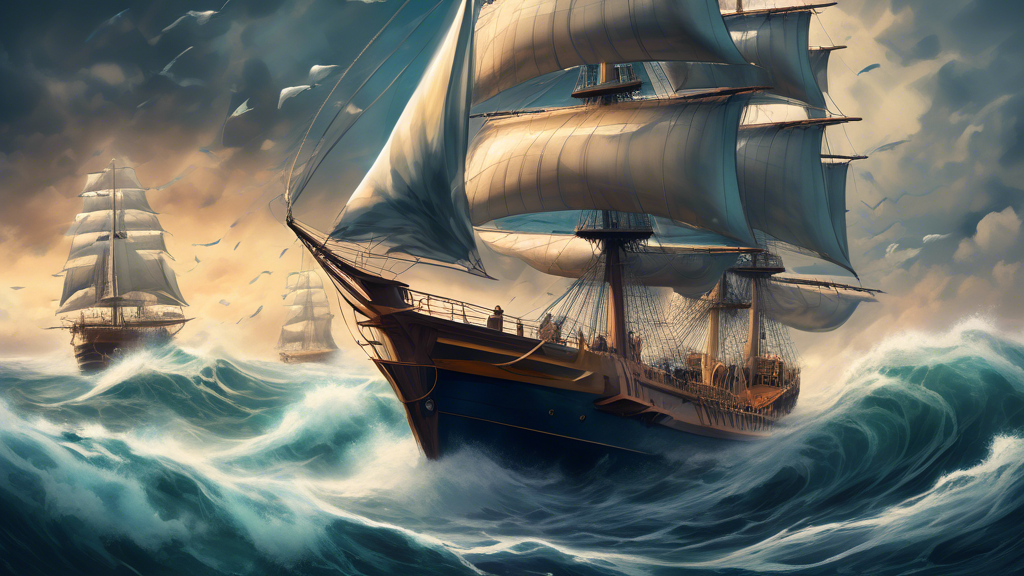 Create an image featuring an ambitious startup company named High Tide navigating through turbulent waters symbolized by turbulent ocean waves. The company CEO stands at the helm of a sturdy ship, exu