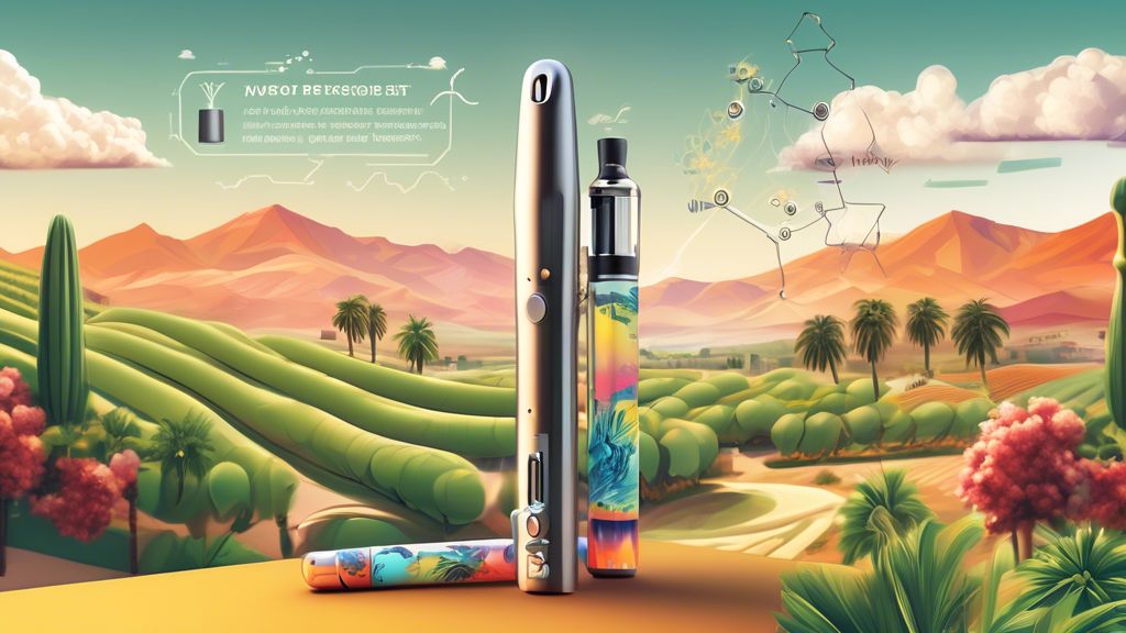 Create an image of a sleek, modern vape pen set against the backdrop of a picturesque California landscape with rolling vineyards and palm trees. The vape emits a faint vapor cloud, which transitions 