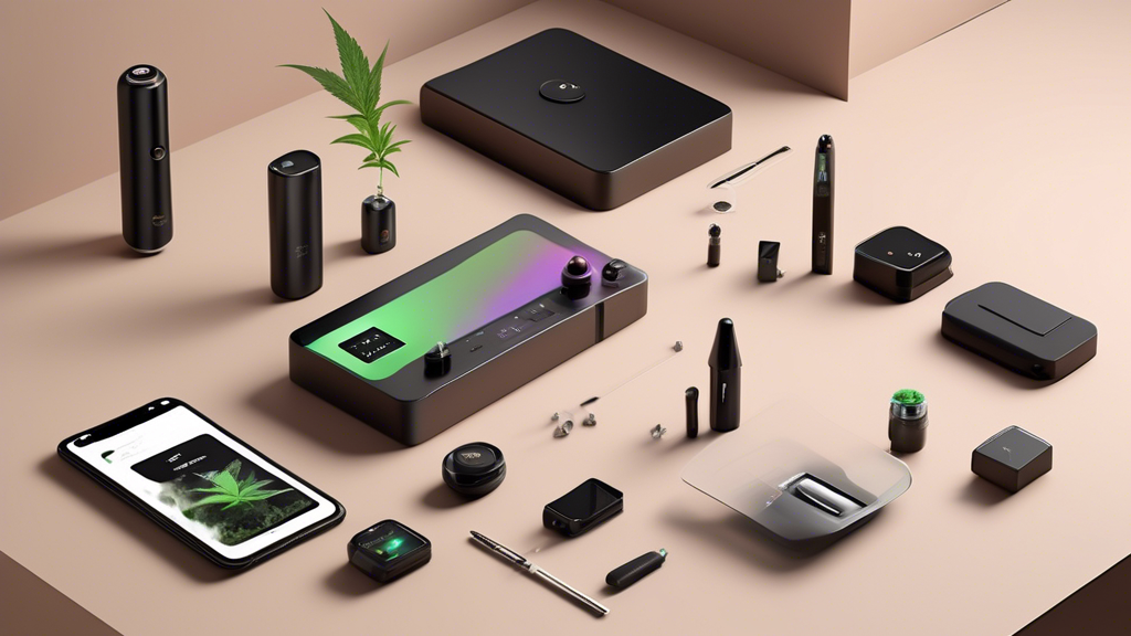 Create an image of a sleek and modern layout featuring the top marijuana vaporizers of 2023. Include a variety of vaporizer styles such as portable, desktop, and vape pens, with some showing digital d