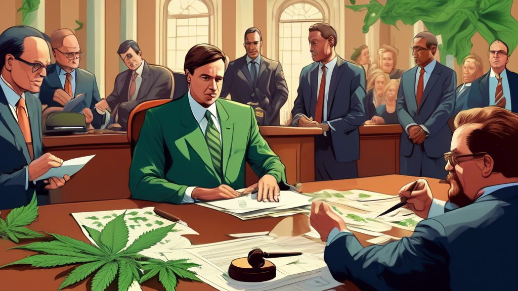 An official meeting scene with Massachusetts statehouse in the background; a diverse group of serious-looking government officials and lawyers discussing documents with cannabis leaf symbols. A large 