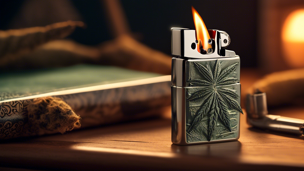 Create an image depicting a stylish, retro-themed scene with a sleek Zippo lighter and a cannabis joint. The setting should evoke a relaxed, laid-back atmosphere, perhaps with elements like a wooden c