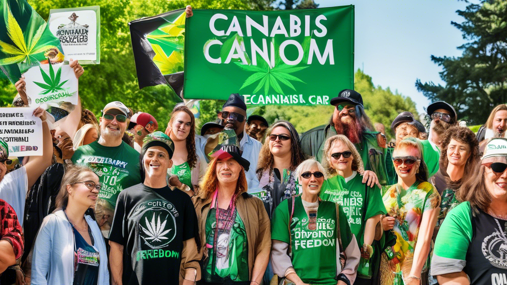 Create an image of a diverse group of people, representing various ages and backgrounds, gathered together in a vibrant park, holding signs and banners advocating for cannabis freedom. They are smilin