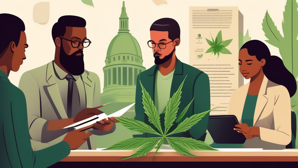 Create an image depicting a balanced and neutral scene around the theme of new marijuana legislation. Include a modern legislative building in the background, a diverse group of people discussing and 