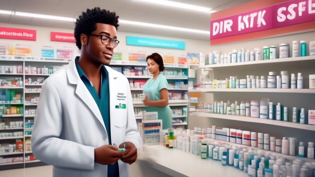 A realistic, well-lit scene depicting the interior of a Walgreens pharmacy. A friendly pharmacist, in a white coat, stands next to a shelf labeled Drug Testing Kits that includes a marijuana urine tes