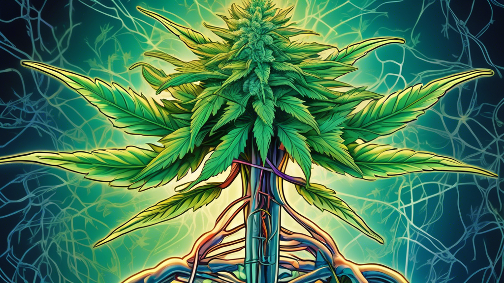 A detailed illustration of a medical marijuana plant intertwined with human nerves, symbolizing relief and connection. The image should depict the nerves glowing softly, indicating pain relief and hea