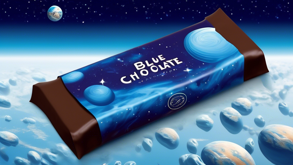 Create an image of an elegantly wrapped chocolate bar with a sleek, futuristic design, labelled Blue Planet Chocolate. The backdrop should feature a stunning view of the Earth from space, highlighting