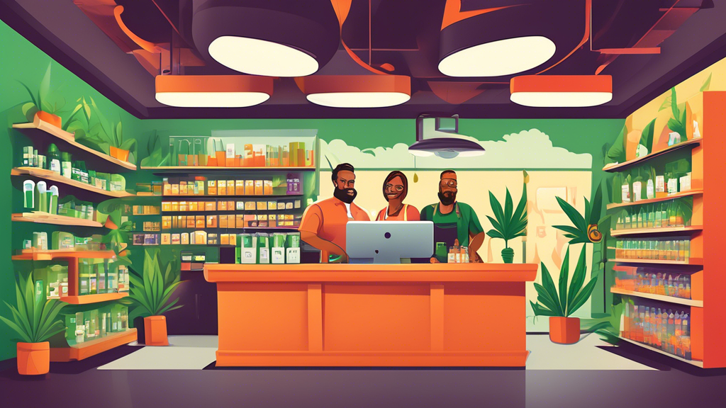 Create an eye-catching illustration of a lively and modern marijuana dispensary with a Now Hiring sign prominently displayed. Inside, show diverse, friendly staff members efficiently working and assis