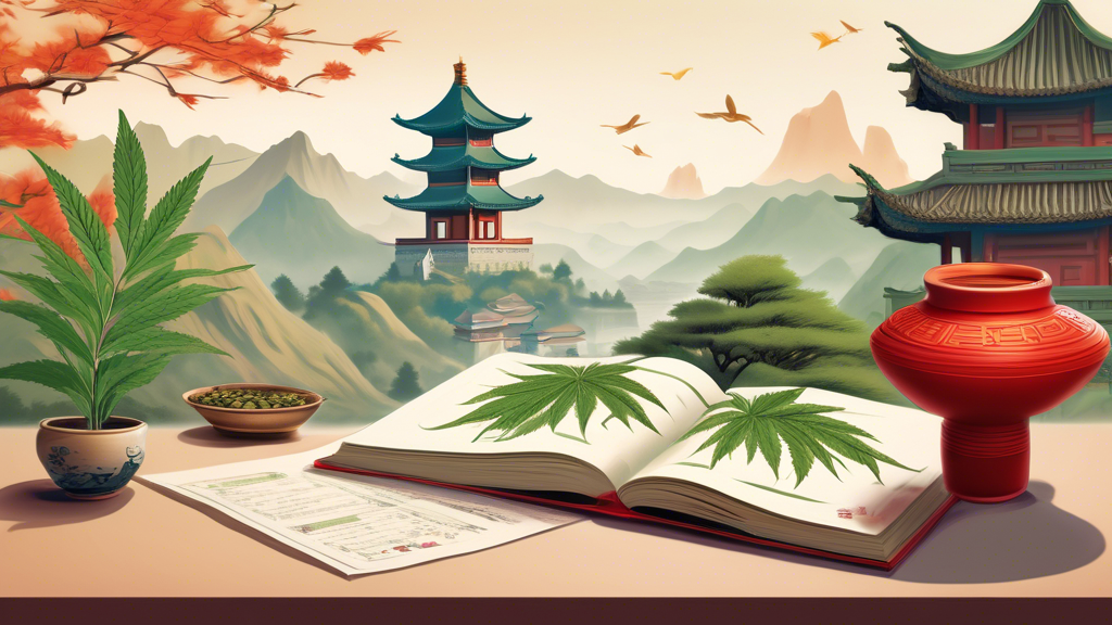 Create an image showing a picturesque Chinese landscape with a traditional pagoda in the background. In the foreground, depict subtle hints of marijuana leaves intertwined with typical Chinese herbs o