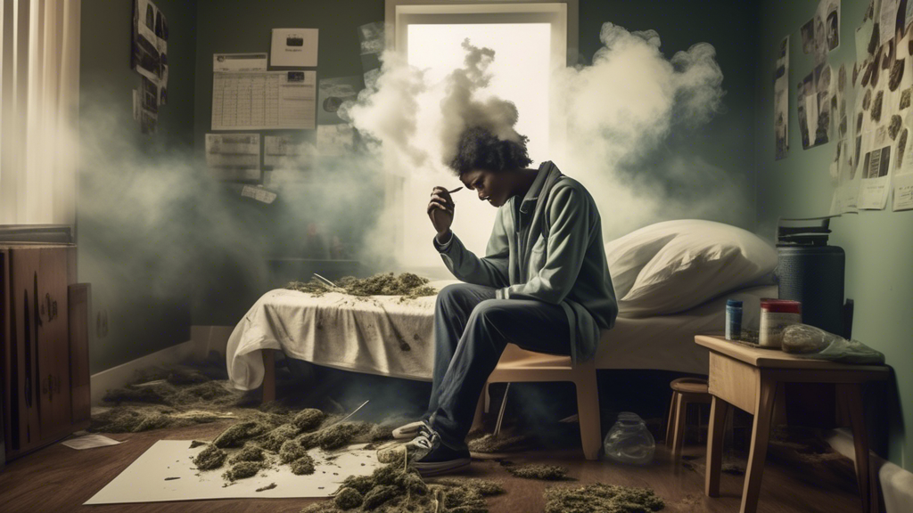 Create an image that depicts the potential downsides of marijuana use. The scene should include contrasting elements such as a person experiencing negative health effects and behavioral changes. Show 