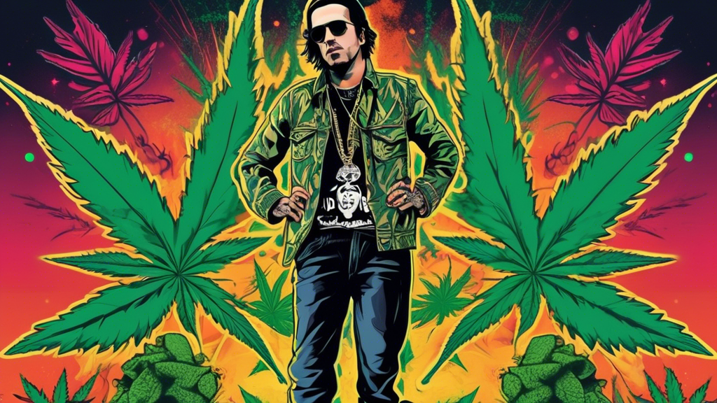 Create an image of Yelawolf standing on a stage in casual clothing, with a thoughtful expression. Surround him with subtle marijuana leaf symbols in the background, blending into the scene suggestivel