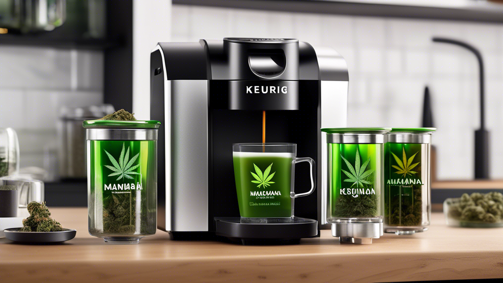 Create an image of a sleek, modern countertop machine labeled The Marijuana Keurig, showcasing its elegant design with a transparent section displaying cannabis pods. Place the machine in a contempora