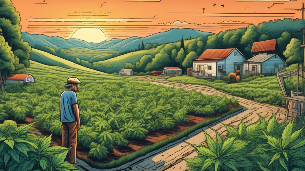 A detailed illustration of a serene Kentucky landscape with rolling hills and a small, tranquil town in the background. In the foreground, a few medical marijuana plants grow with caution signs nearby