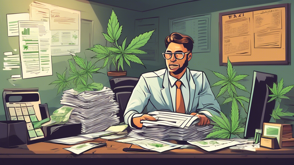 Create an image that depicts a marijuana dispensary with a focus on the financial and tax challenges it faces. Highlight the impact of Section 280E by showing a distressed accountant or business owner