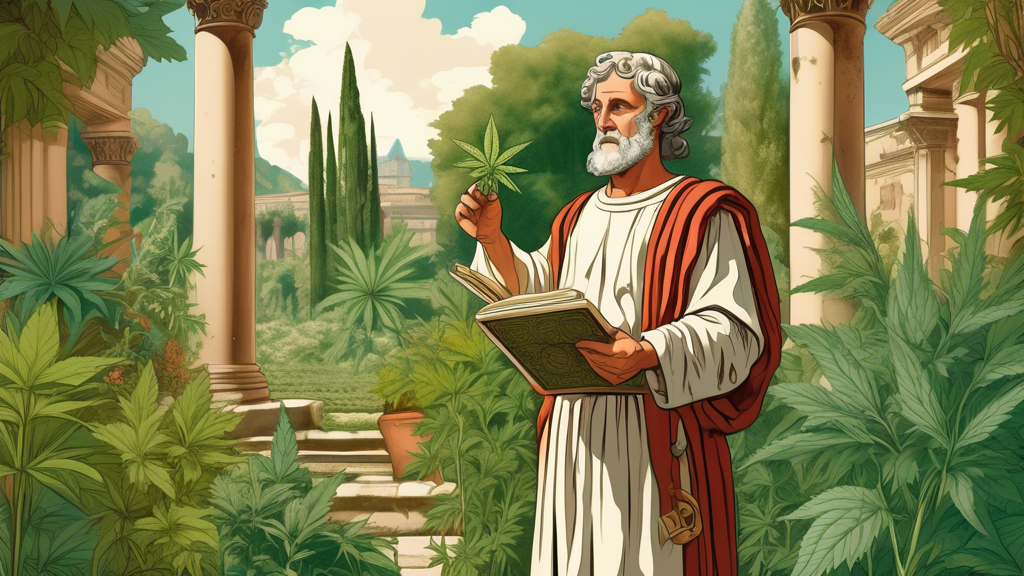 Illustration of Pliny the Elder in ancient Roman attire, standing in a lush herbal garden filled with various plants, prominently featuring cannabis. He holds an ancient scroll and gestures towards a 