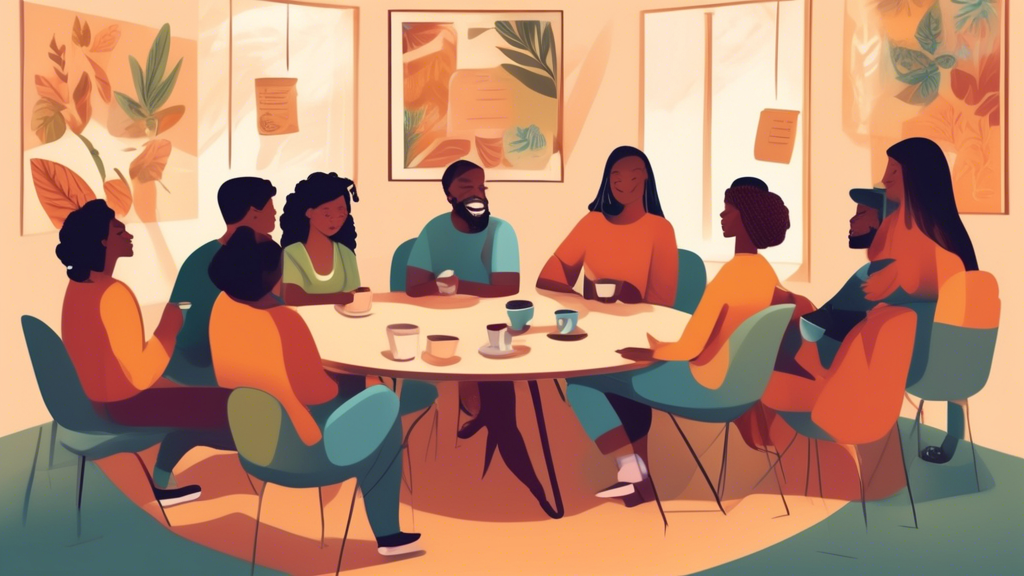 Create an illustration of a supportive group of diverse individuals sitting in a circle in a serene community room. On a nearby table, place a sign that reads Marijuana Anonymous with pamphlets and co