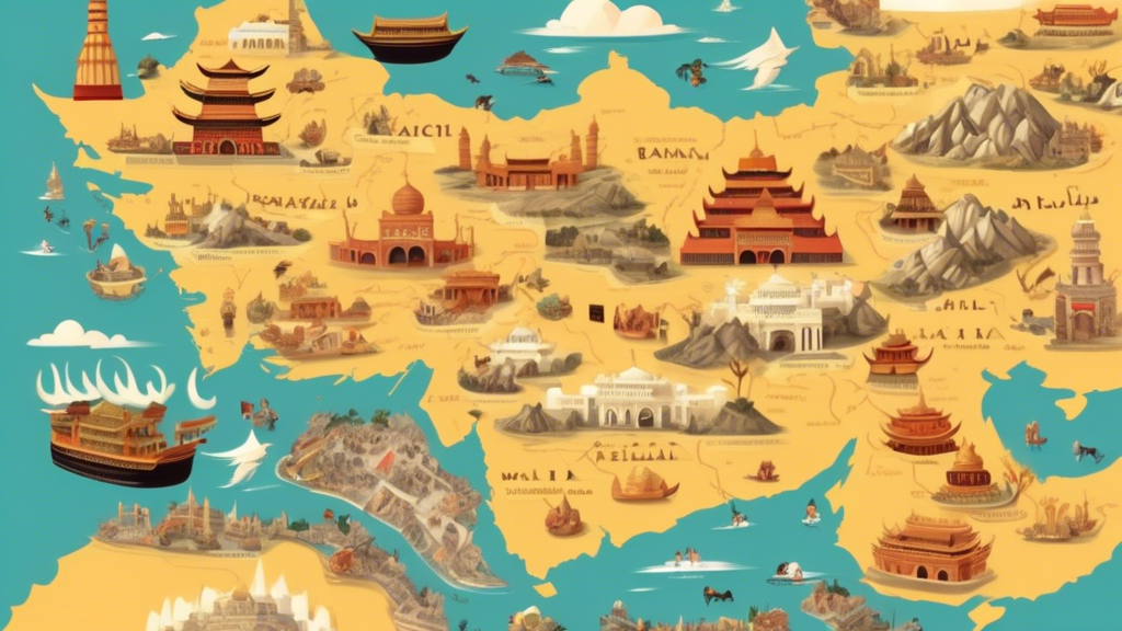 Create an image illustrating a humorous and exaggerated expansion of a fictional League of Fat Bastards across Asia and the Middle East. Depict a comical, animated map with plump and jolly cartoonish 