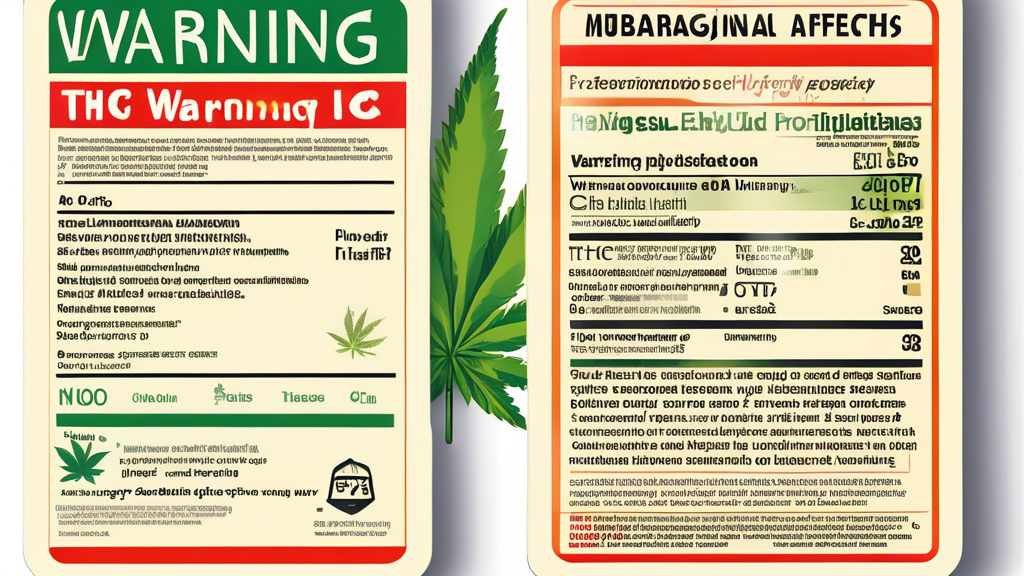 Create an image of a detailed marijuana warning label on a product package, highlighting key information such as THC content, dosage instructions, potential side effects, and a clear 'Warning' icon. T