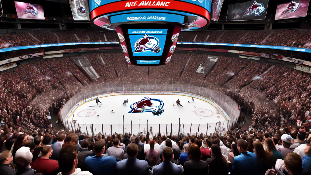 Create an image of an NHL draft scene, with excited fans and teams inside a bustling arena. Focus on a large digital screen displaying 'Colorado Avalanche: Evaluating No. 24 Pick', accompanied by expr