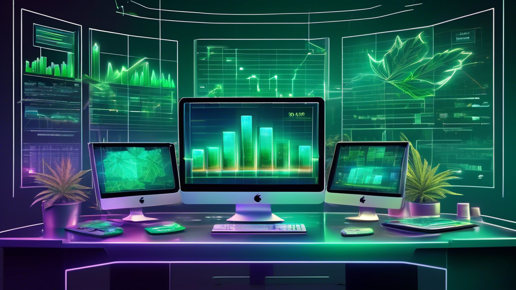 Create a detailed illustration of a futuristic financial office with multiple screens displaying stock charts and marijuana leaf symbols. Add holographic graphs and data representing marijuana ETFs. T