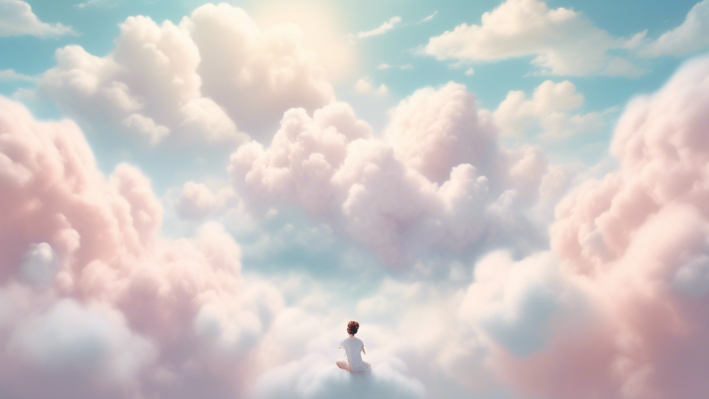 Create an image depicting a serene, dreamlike setting where a person is floating gently among fluffy clouds. Use soft, pastel colors to evoke a sense of calm and euphoria. The person’s relaxed express