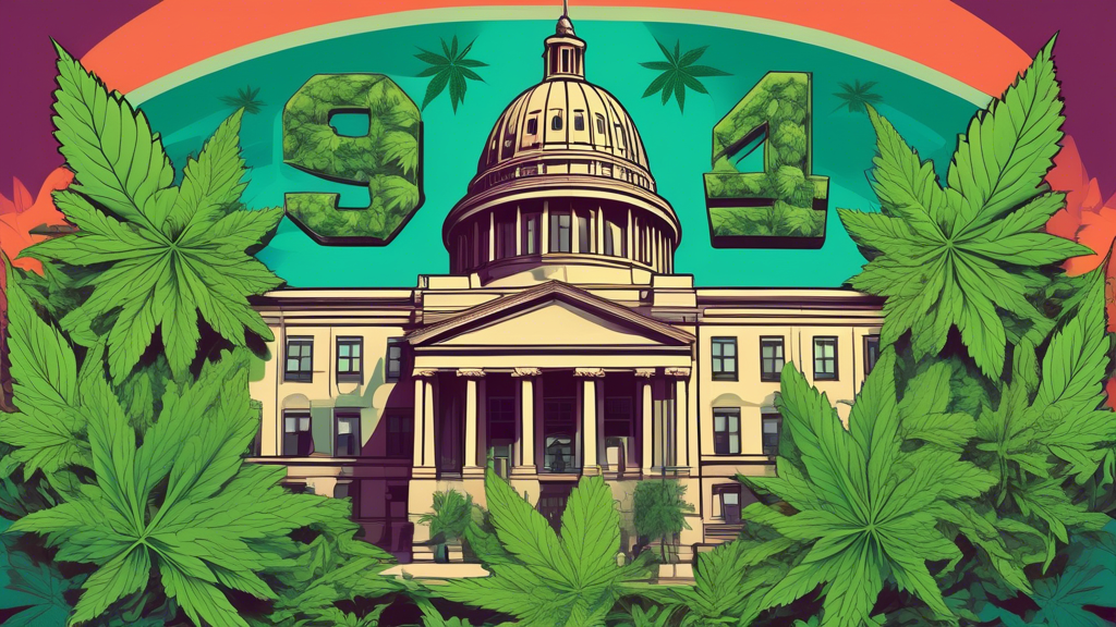 Create an image portraying the evolution of marijuana legislation trends in 2024. The scene should include a modern legislative building where lawmakers are discussing policies. Integrate symbols repr