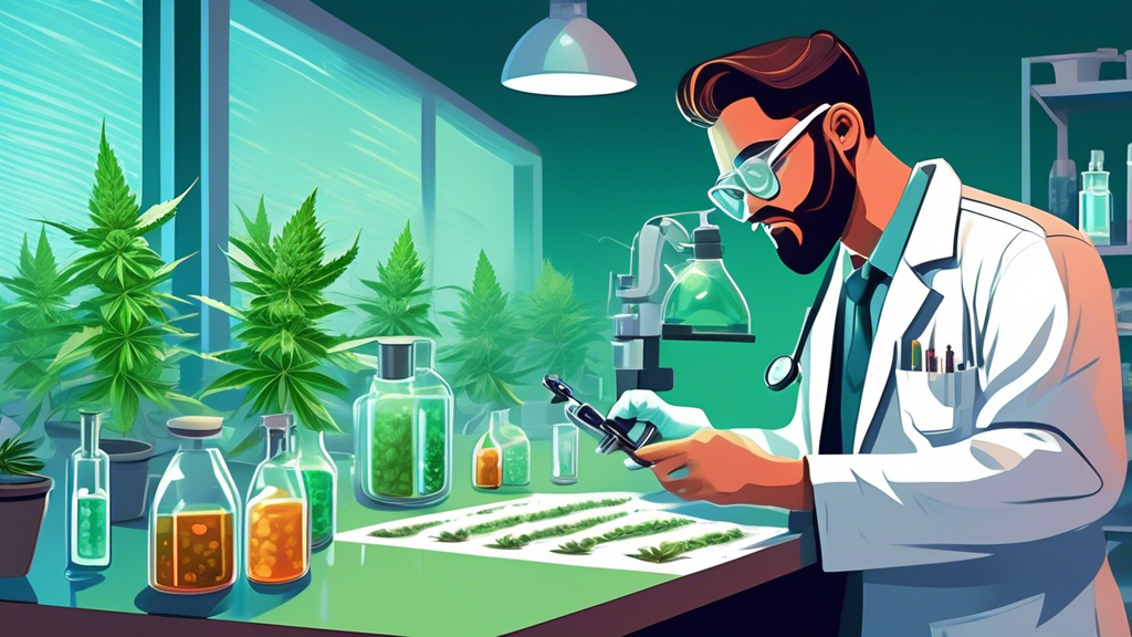 Illustrate a detailed scene of a professional marijuana tester in a modern, well-lit laboratory setting. The tester should be wearing a lab coat and gloves, carefully examining a cannabis bud under a 