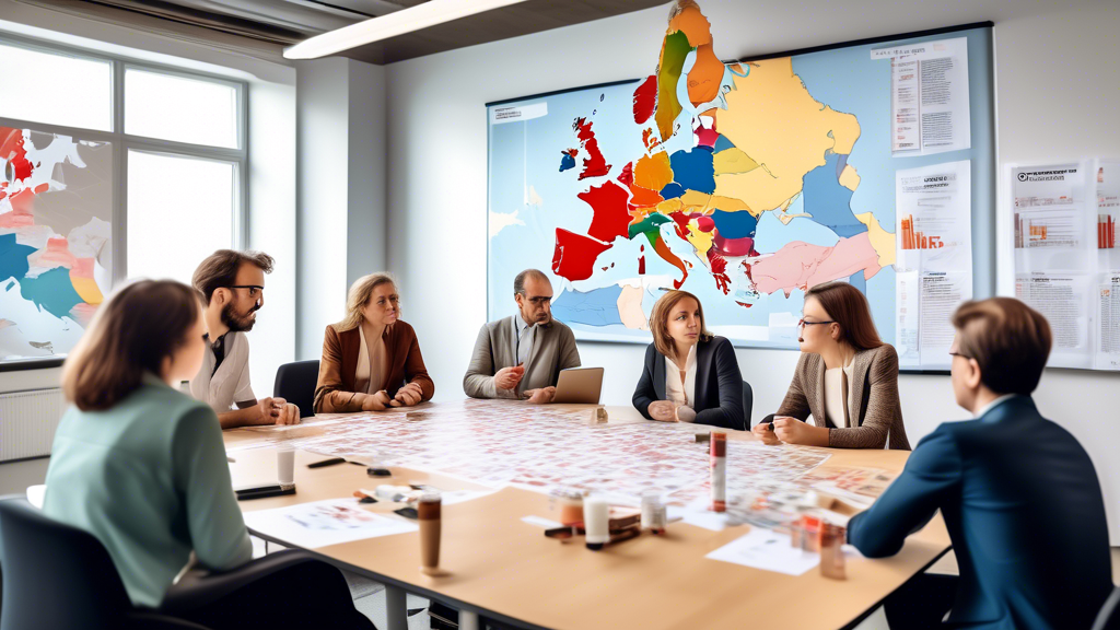 Create an image of diverse European citizens engaging in a discussion about tobacco use, standing around a large table with a map of Europe and various charts and graphs depicting statistics on tobacc