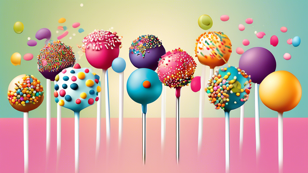 Create an image of a colorful assortment of cake pops, each one uniquely decorated. Some cake pops should have intricate patterns, others with sprinkles, and a few with whimsical designs like flowers,