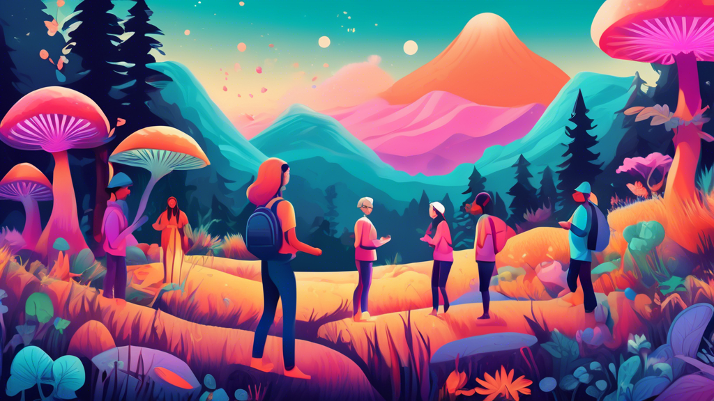 Create an image of a serene Oregon landscape featuring a diverse group of people engaging in mindful activities like meditation and nature walks. Include subtle psychedelic elements like softly glowin