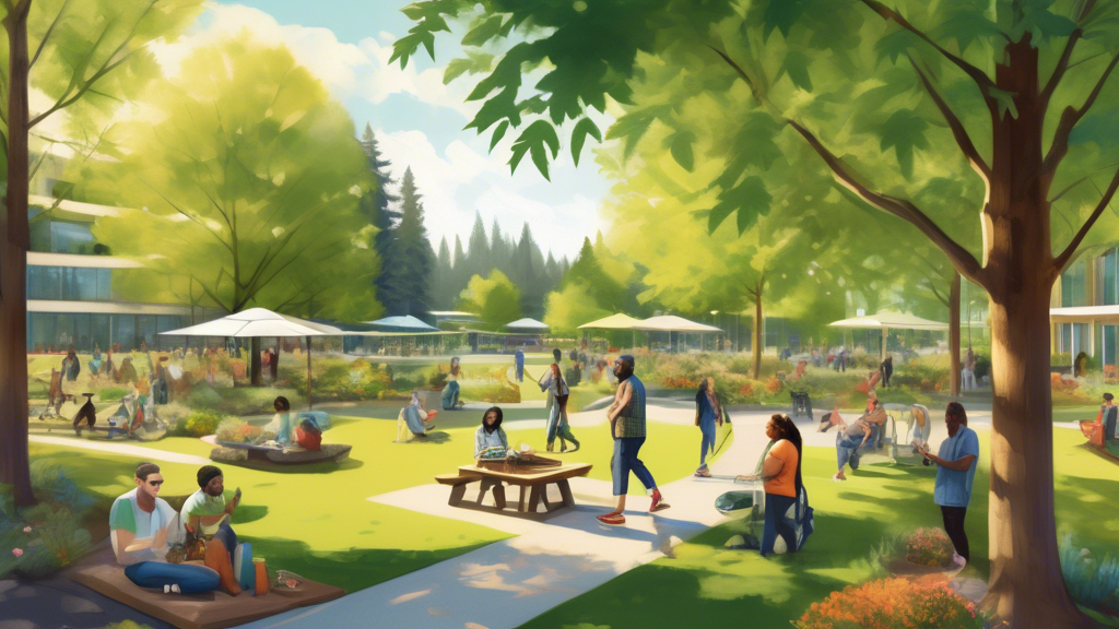 Create an image of a serene park in Redmond, WA, featuring diverse people engaged in various activities such as walking, picnicking, and discreetly using marijuana in a responsible, relaxed manner. In