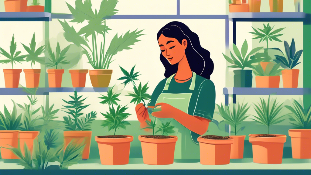 Create an illustration showing a person in a serene garden nursery setting holding a small marijuana plant in a pot, with informative signs about choosing healthy plants. Include rows of different can