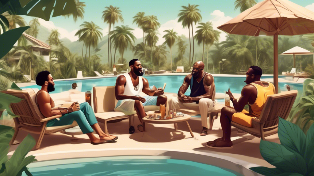 Create an image of NBA legends relaxing at a luxurious summer resort, surrounded by lush, serene nature. Depict them engaging in conversations about cannabis and entrepreneurship, perhaps with some di