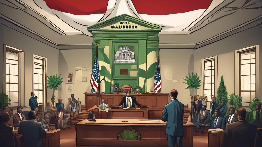 Generate an image depicting a government office or legislative building in Alabama, with a prominent sign reading Marijuana Legislation and people in formal attire discussing or debating. Include visu