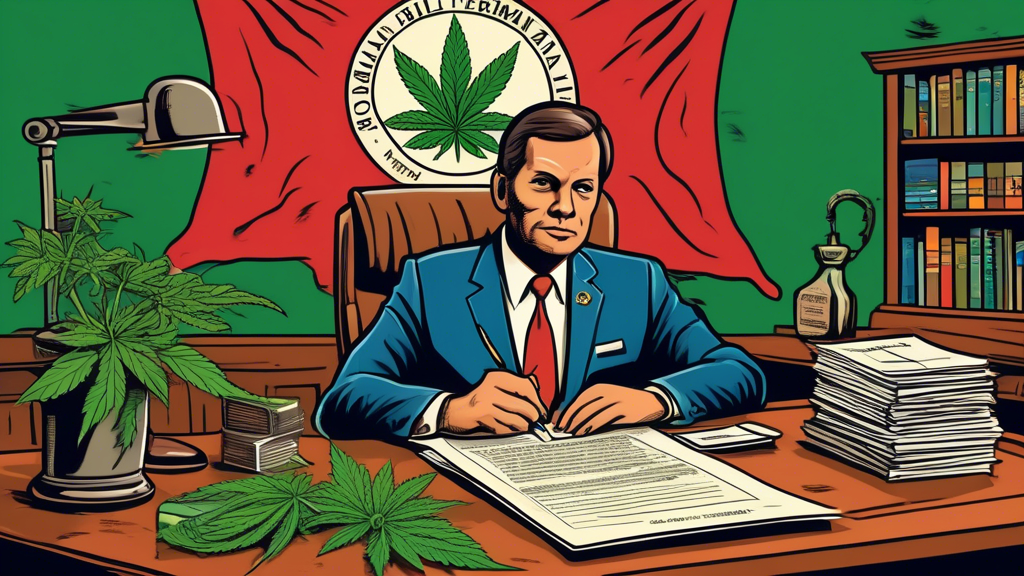 An official government office in Louisiana with a stern-looking governor behind a desk, holding a 'veto' stamp over a document labeled 'Pardon Bill for First-Time Marijuana Offenses.' The background s